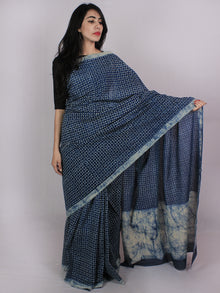 Indigo Ivory Cotton Hand Block Printed & Hand Painted Saree in Natural Colors - S031701182