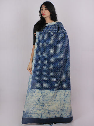 Indigo Ivory Cotton Hand Block Printed & Hand Painted Saree in Natural Colors - S031701182
