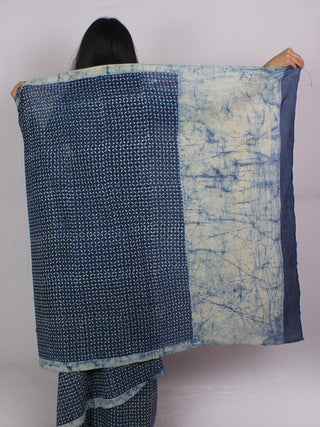 Indigo Ivory Cotton Hand Block Printed & Hand Painted Saree in Natural Colors - S031701182
