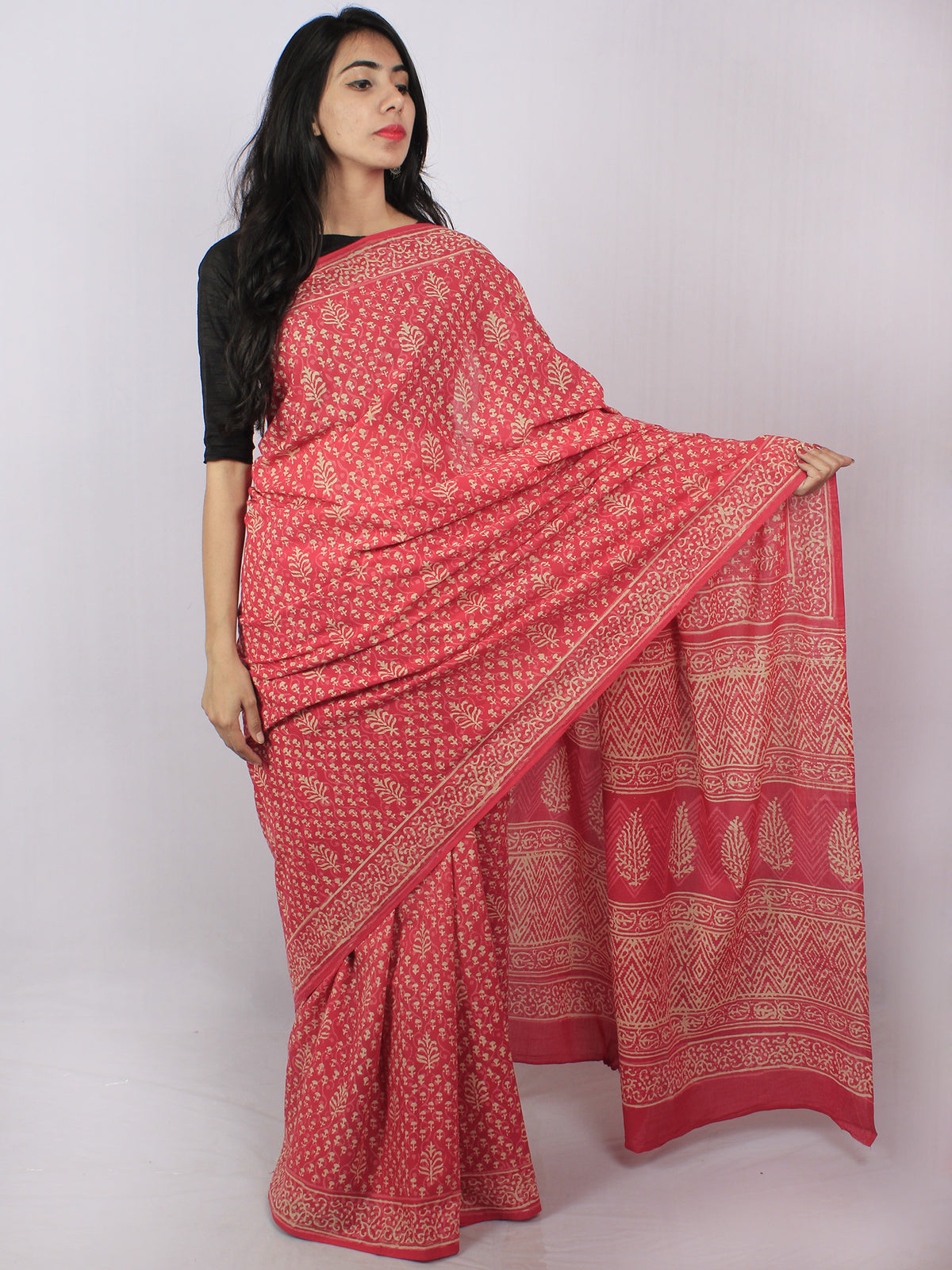 Pink Beige White Hand Block Printed Cotton Saree in Natural Colors - S03170831