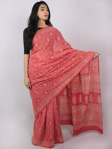 Pink Beige White Hand Block Printed Cotton Saree in Natural Colors - S03170831