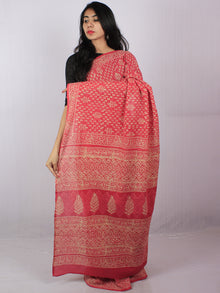 Pink Beige White Hand Block Printed Cotton Saree in Natural Colors - S03170831