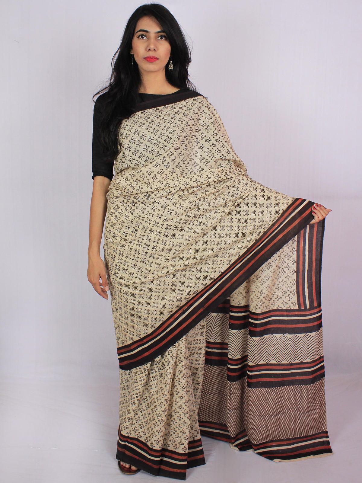 Beige Dark Brown Rust Orange Cotton Hand Block Printed & Hand Painted Saree in Natural Colors - S031701184