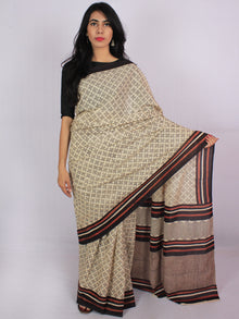 Beige Dark Brown Rust Orange Cotton Hand Block Printed & Hand Painted Saree in Natural Colors - S031701184