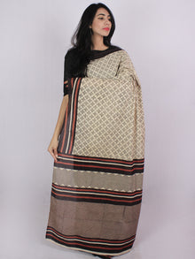 Beige Dark Brown Rust Orange Cotton Hand Block Printed & Hand Painted Saree in Natural Colors - S031701184