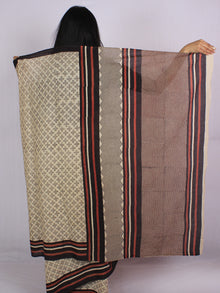 Beige Dark Brown Rust Orange Cotton Hand Block Printed & Hand Painted Saree in Natural Colors - S031701184