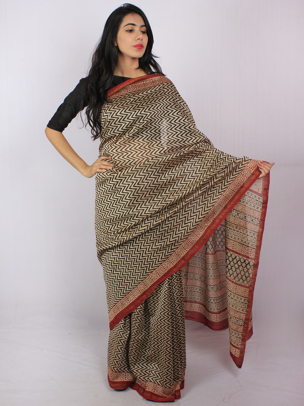 Beige Black Maroon Hand Block Printed in Natural Colors Chanderi Saree - S03170808
