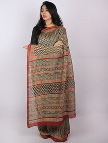 Beige Black Maroon Hand Block Printed in Natural Colors Chanderi Saree - S03170808