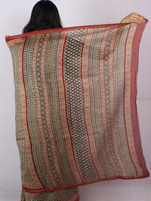 Beige Black Maroon Hand Block Printed in Natural Colors Chanderi Saree - S03170808