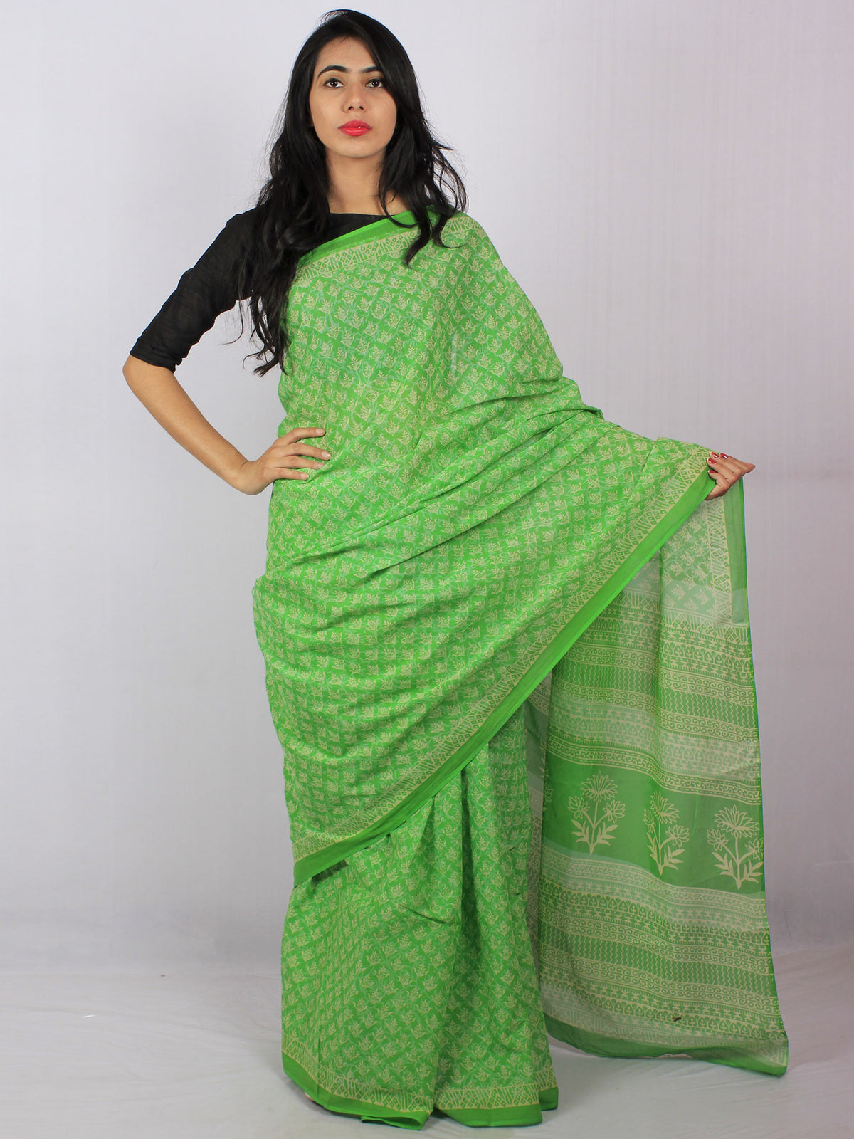 Mint Green White Hand Block Printed in Natural Colors Cotton Mul Saree - S03170785