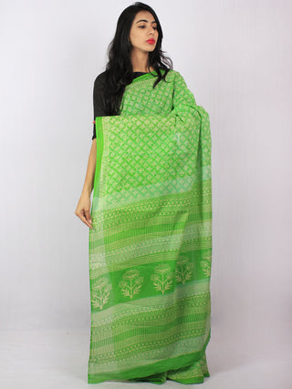 Mint Green White Hand Block Printed in Natural Colors Cotton Mul Saree - S03170785