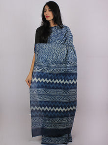 Indigo Ivory Blue Cotton Hand Block Printed Saree in Natural Colors - S031701186