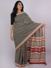 Black Beige Maroon Cotton Hand Block Printed & Hand Painted Saree in Natural Colors - S031701187