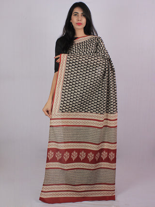 Black Beige Maroon Cotton Hand Block Printed & Hand Painted Saree in Natural Colors - S031701187