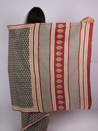 Black Beige Maroon Cotton Hand Block Printed & Hand Painted Saree in Natural Colors - S031701187