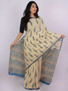 Beige Teal Blue Black Cotton Hand Block Printed & Hand Painted Saree in Natural Colors - S031701188