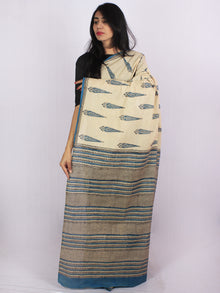 Beige Teal Blue Black Cotton Hand Block Printed & Hand Painted Saree in Natural Colors - S031701188