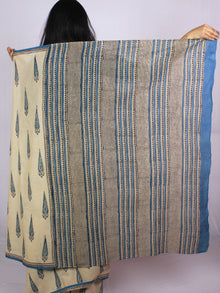 Beige Teal Blue Black Cotton Hand Block Printed & Hand Painted Saree in Natural Colors - S031701188