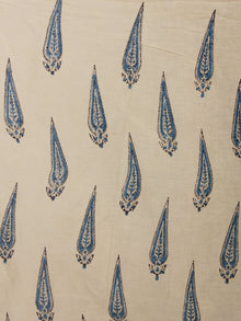 Beige Teal Blue Black Cotton Hand Block Printed & Hand Painted Saree in Natural Colors - S031701188