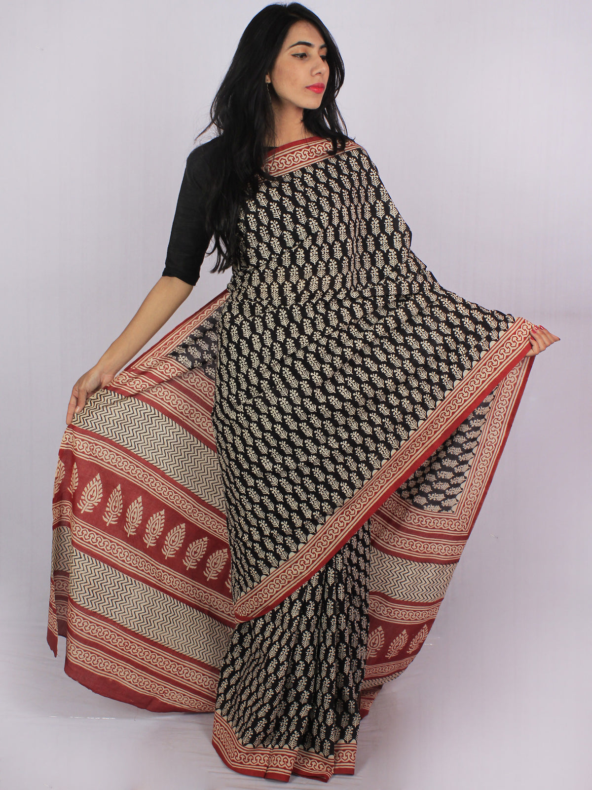 Black Rust Beige Cotton Hand Block Printed & Hand Painted Saree in Natural Colors - S031701189
