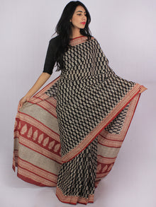 Black Rust Beige Cotton Hand Block Printed & Hand Painted Saree in Natural Colors - S031701189