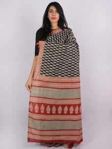 Black Rust Beige Cotton Hand Block Printed & Hand Painted Saree in Natural Colors - S031701189