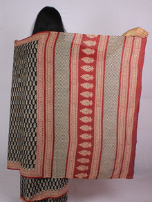 Black Rust Beige Cotton Hand Block Printed & Hand Painted Saree in Natural Colors - S031701189