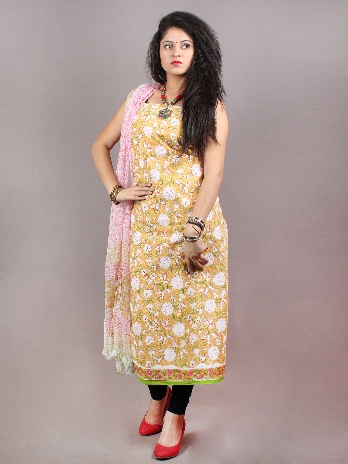 Yellow White Green Pink Hand Block Printed Cotton Suit-Salwar Fabric With Chiffon Dupatta - S1628119