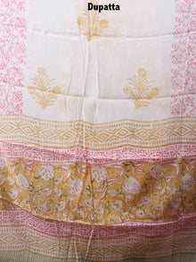 Yellow White Green Pink Hand Block Printed Cotton Suit-Salwar Fabric With Chiffon Dupatta - S1628119