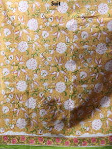 Yellow White Green Pink Hand Block Printed Cotton Suit-Salwar Fabric With Chiffon Dupatta - S1628119