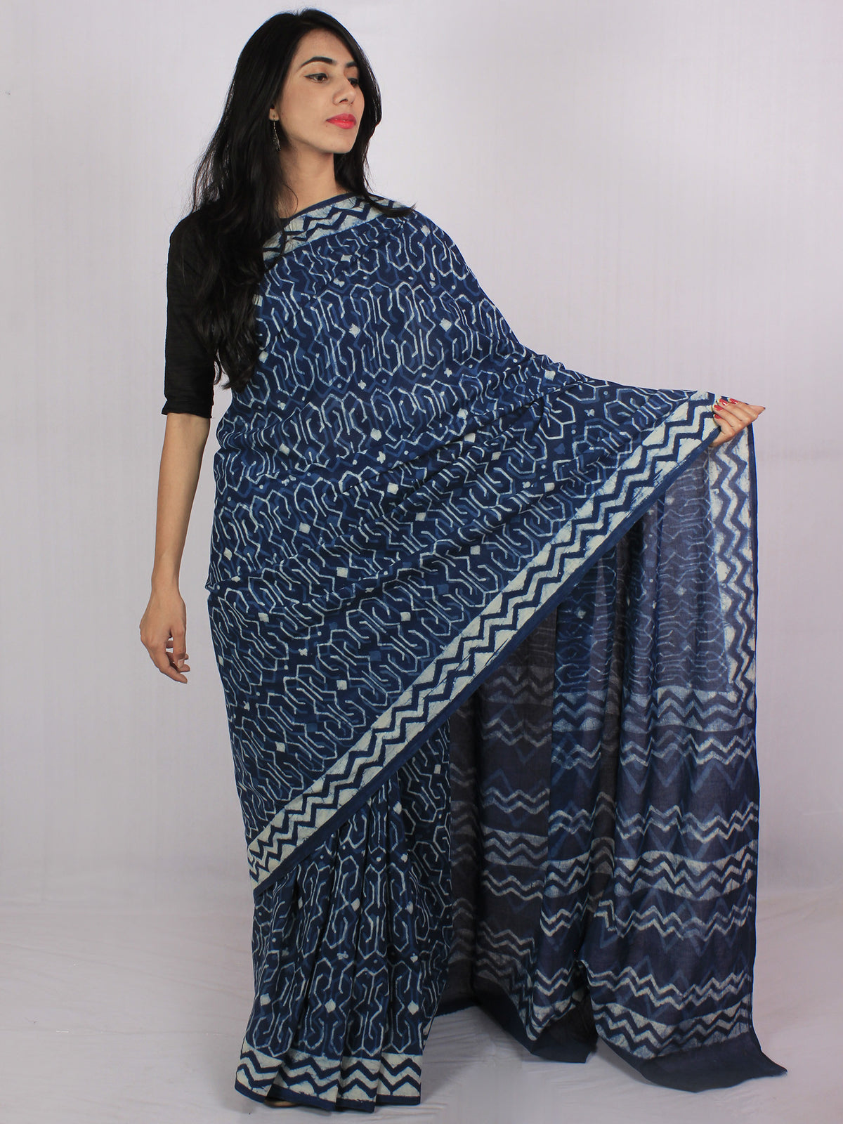 Indigo Ivory Blue Cotton Hand Block Printed Saree in Natural Colors - S031701190