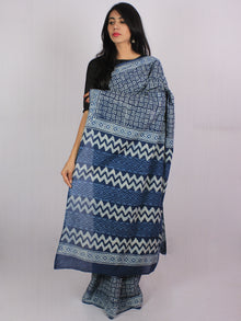 Indigo Ivory Cotton Hand Block Printed Saree in Natural Colors - S031701191