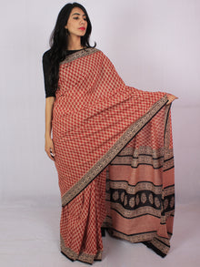Rust Red Beige Black Cotton Hand Block Printet Saree in Natural Colors - S031701194