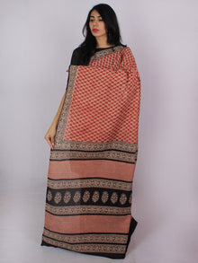 Rust Red Beige Black Cotton Hand Block Printet Saree in Natural Colors - S031701194