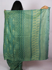Tussar Handloom Silk Hand Block Printed Saree in Fern Green Chartreuse - S031701197