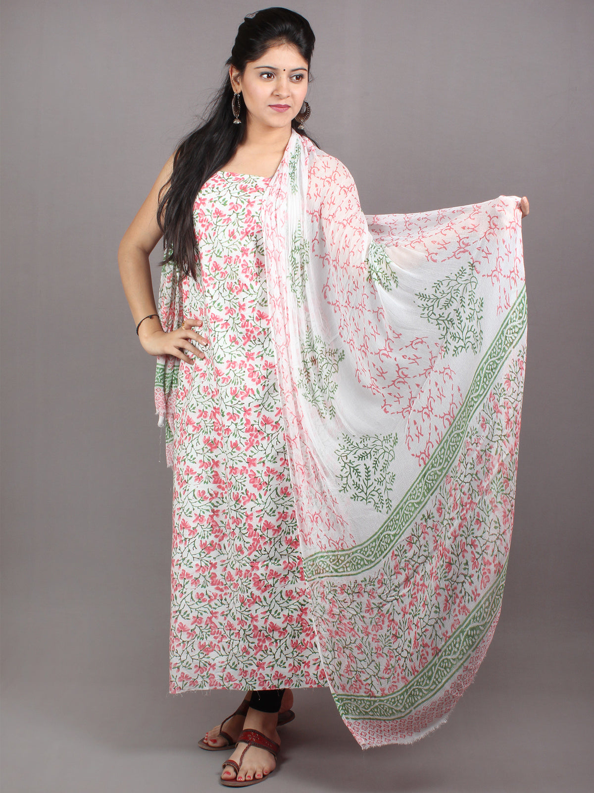 White Green Pink Hand Block Printed Cotton Suit-Salwar Fabric With Chiffon Dupatta - S1628052