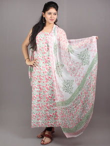 White Green Pink Hand Block Printed Cotton Suit-Salwar Fabric With Chiffon Dupatta - S1628052
