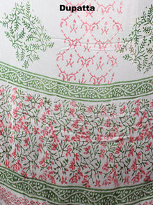 White Green Pink Hand Block Printed Cotton Suit-Salwar Fabric With Chiffon Dupatta - S1628052