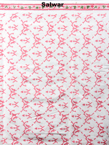 White Green Pink Hand Block Printed Cotton Suit-Salwar Fabric With Chiffon Dupatta - S1628052