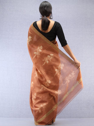 Light Brown Ivory Chanderi Hand Block Printed Saree With Geecha Border - S031704489