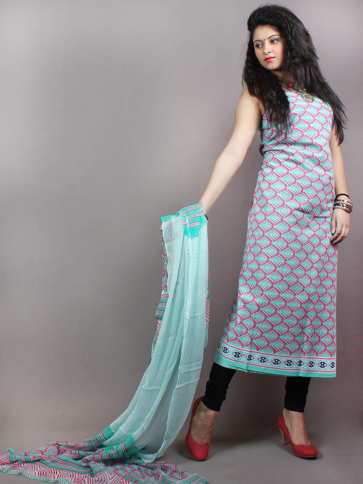 Deep Pink Sky Blue Hand Block Printed Cotton Suit-Salwar Fabric With Chiffon Dupatta - S1628120