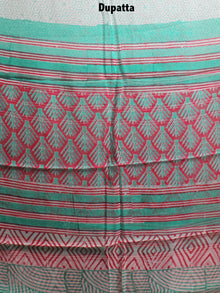 Deep Pink Sky Blue Hand Block Printed Cotton Suit-Salwar Fabric With Chiffon Dupatta - S1628120