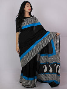 Black White Cobalt Blue Hand Block Printed in Cotton Mul Saree - S031701200