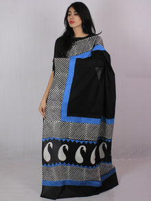 Black White Cobalt Blue Hand Block Printed in Cotton Mul Saree - S031701200