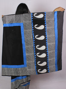 Black White Cobalt Blue Hand Block Printed in Cotton Mul Saree - S031701200