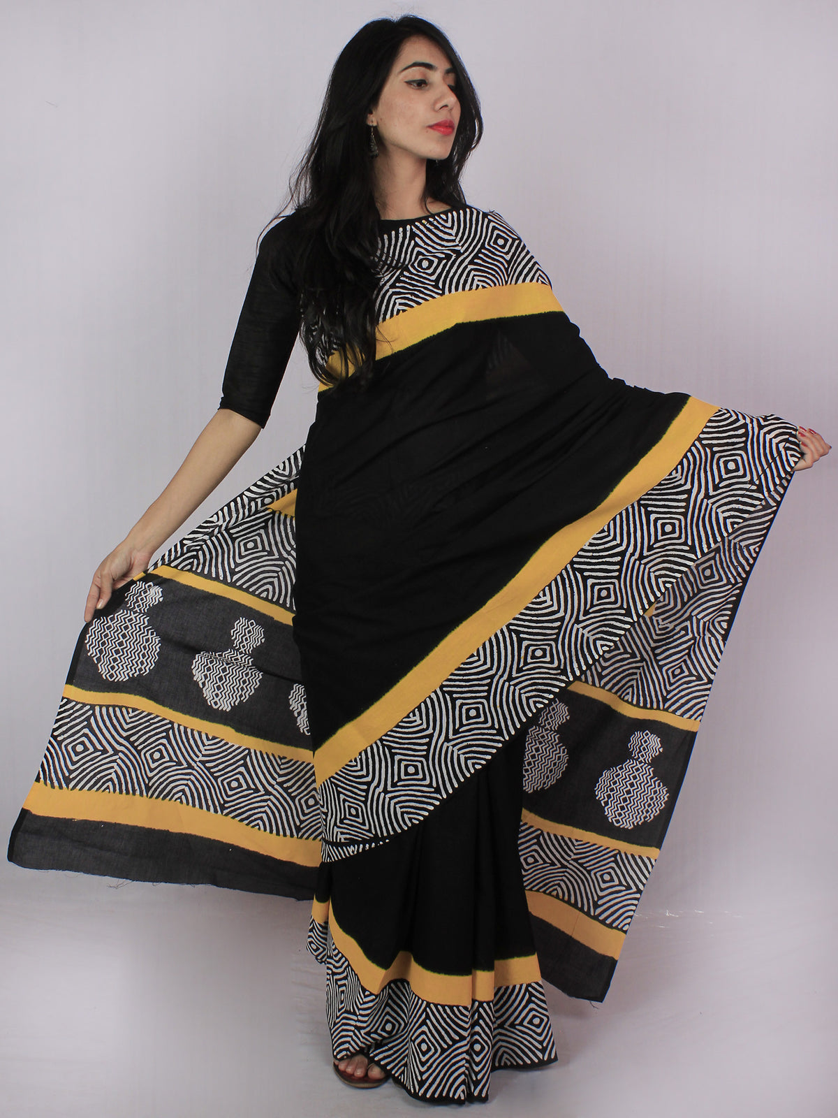 Black White Yellow Hand Block Printed in Cotton Mul Saree - S031701204