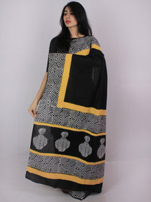 Black White Yellow Hand Block Printed in Cotton Mul Saree - S031701204
