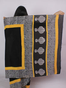 Black White Yellow Hand Block Printed in Cotton Mul Saree - S031701204