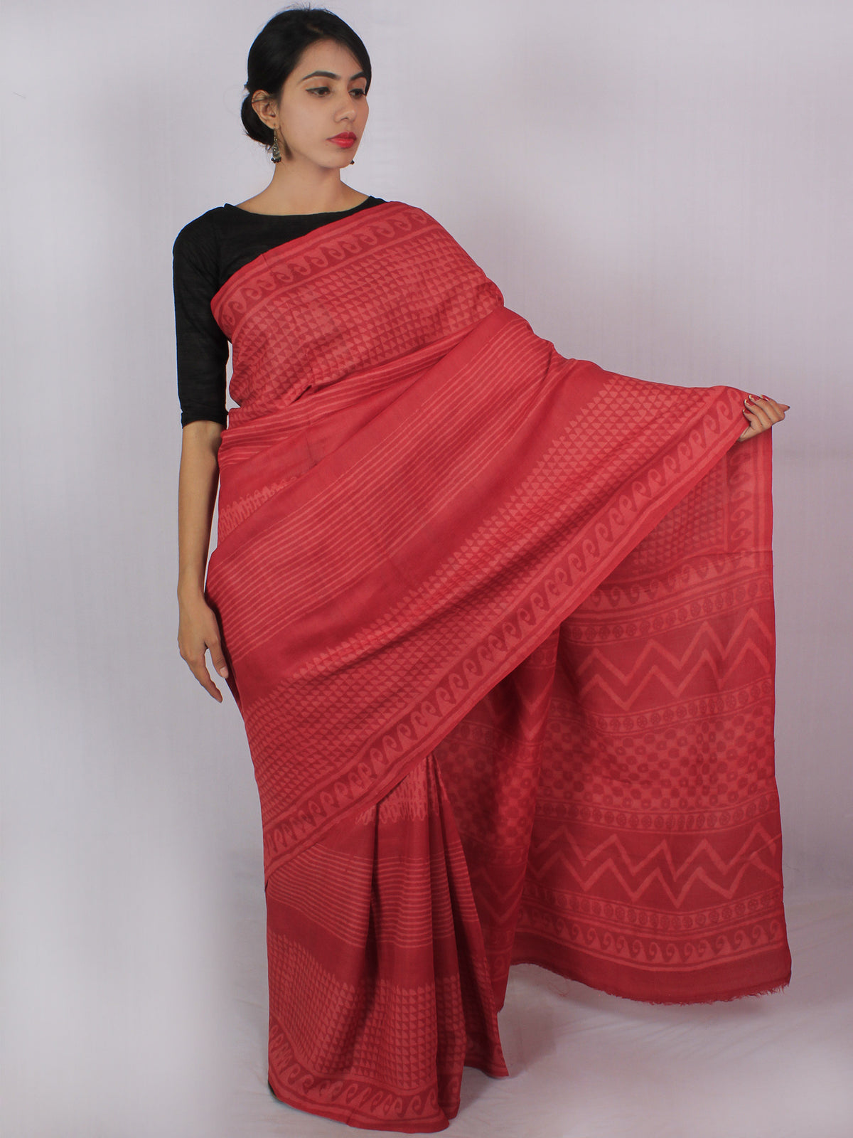 Tussar Handloom Silk Hand Block Printed Saree in Light Vermilion Red - S031701208