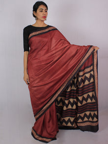 Tussar Handloom Silk Hand Block Printed Saree in Dark Vermilion Red Purple Beige - S031701205